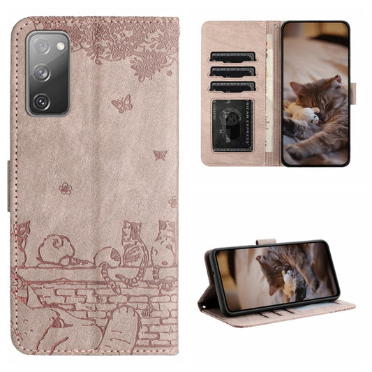 For Samsung Galaxy S20 FE Cat Embossing Pattern Leather Phone Case with Lanyard(Grey) - Galaxy S20 FE Cases by buy2fix | Online Shopping UK | buy2fix