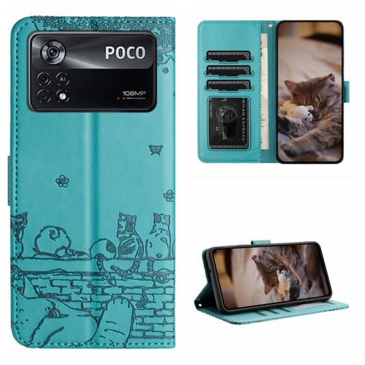For Xiaomi Poco X4 Pro 5G Cat Embossing Pattern Leather Phone Case with Lanyard(Blue) - Xiaomi Cases by buy2fix | Online Shopping UK | buy2fix