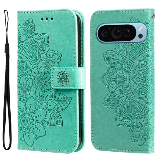 For Google Pixel 9 7-petal Flowers Embossing Leather Phone Case(Green) - Google Cases by buy2fix | Online Shopping UK | buy2fix