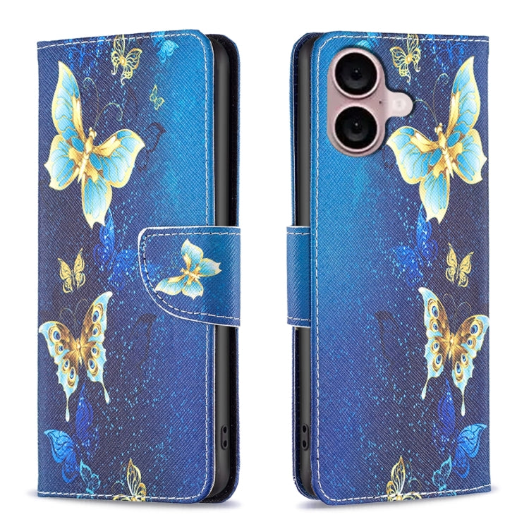 For iPhone 16 Colored Drawing Pattern Flip Leather Phone Case(Gold Butterfly) - iPhone 16 Cases by buy2fix | Online Shopping UK | buy2fix