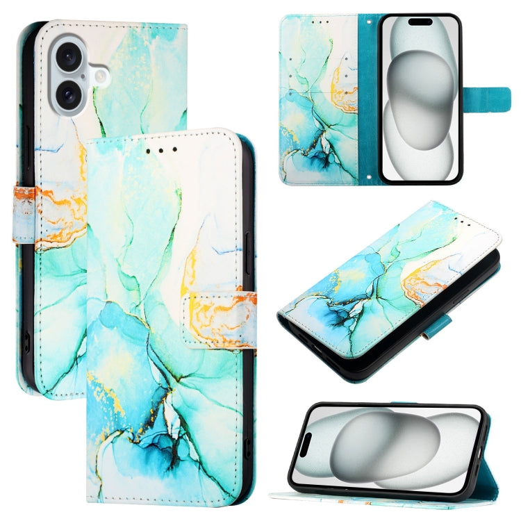 For iPhone 16 Plus PT003 Marble Pattern Flip Leather Phone Case(Green LS003) - iPhone 16 Plus Cases by buy2fix | Online Shopping UK | buy2fix