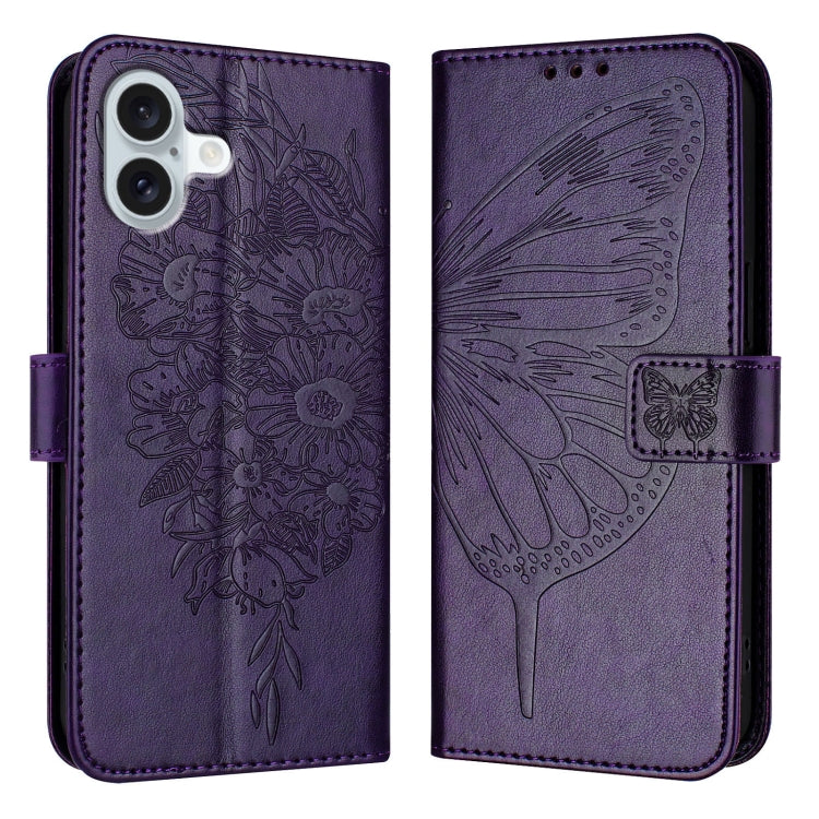 For iPhone 16 Plus Embossed Butterfly Leather Phone Case(Dark Purple) - iPhone 16 Plus Cases by buy2fix | Online Shopping UK | buy2fix