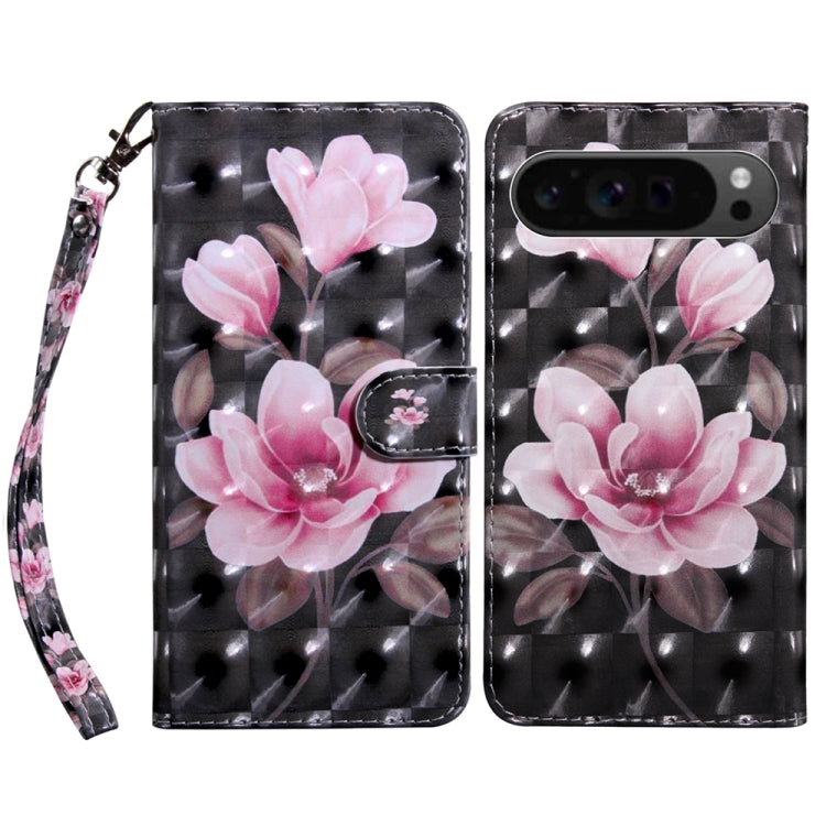 For Google Pixel 9 3D Painted Pattern Leather Phone Case(Pink Flower) - Google Cases by buy2fix | Online Shopping UK | buy2fix