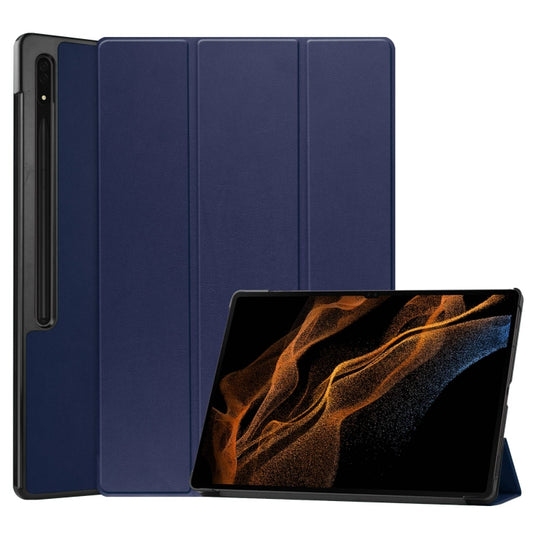 For Samsung Galaxy Tab S9 Ultra Custer Pure Color 3-Fold Holder Smart Leather Tablet Case(Dark Blue) - Galaxy Tab S9 Ultra Cases by buy2fix | Online Shopping UK | buy2fix