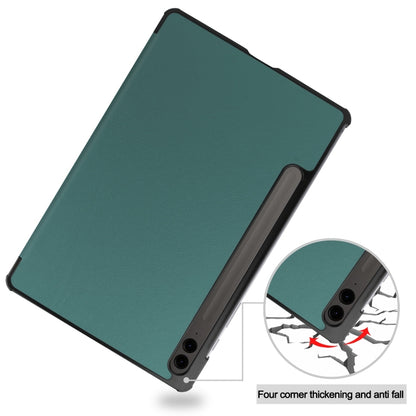 For Samsung Galaxy Tab S9 FE+ Custer Pure Color 3-Fold Holder Smart Leather Tablet Case(Dark Green) - Galaxy Tab S9 FE+ by buy2fix | Online Shopping UK | buy2fix