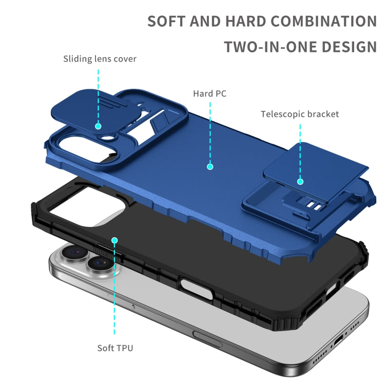 For iPhone 16 Stereoscopic Holder Sliding Camshield Phone Case(Blue) - iPhone 16 Cases by buy2fix | Online Shopping UK | buy2fix