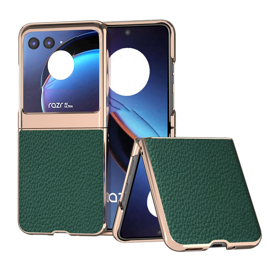 For Motorola Razr 40 Ultra Nano Electroplating Genuine Leather Litchi Texture Phone Case(Green) - Motorola Cases by buy2fix | Online Shopping UK | buy2fix