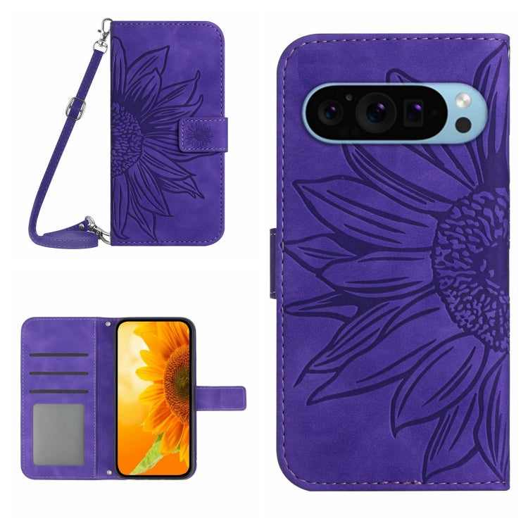 For Google Pixel 9 Pro XL Skin Feel Sun Flower Embossed Flip Leather Phone Case with Lanyard(Dark Purple) - Google Cases by buy2fix | Online Shopping UK | buy2fix