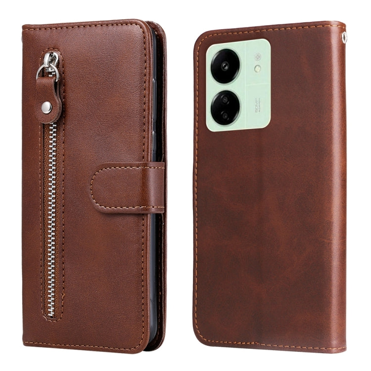 For Xiaomi Redmi 13C 4G Fashion Calf Texture Zipper Leather Phone Case(Brown) - 13C Cases by buy2fix | Online Shopping UK | buy2fix