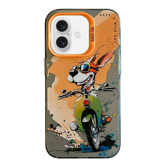 For iPhone 16 Animal Pattern Oil Painting Series PC + TPU Phone Case(Bicycle Dog) - iPhone 16 Cases by buy2fix | Online Shopping UK | buy2fix