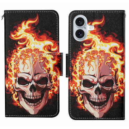 For iPhone 16 Plus 3D Colored Drawing Flip Leather Phone Case(Flame Skull) - iPhone 16 Plus Cases by buy2fix | Online Shopping UK | buy2fix