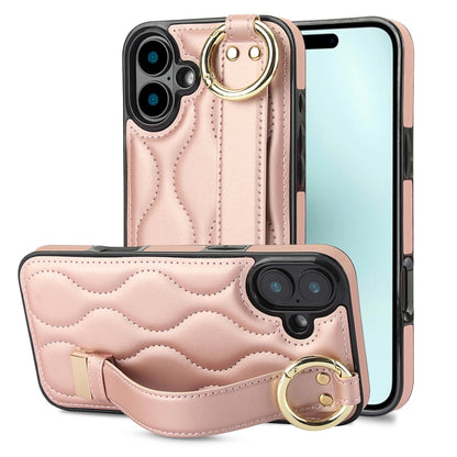 For iPhone 16 Plus Non-slip Full Coverage Ring PU Phone Case with Wristband(Rose Gold) - iPhone 16 Plus Cases by buy2fix | Online Shopping UK | buy2fix