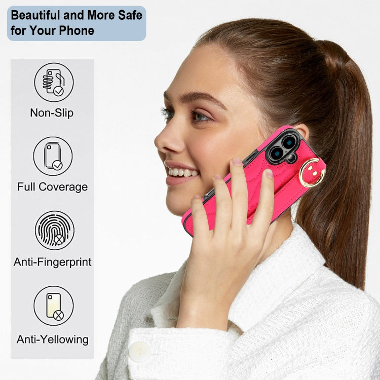 For iPhone 16 Plus Non-slip Full Coverage Ring PU Phone Case with Wristband(Rose Red) - iPhone 16 Plus Cases by buy2fix | Online Shopping UK | buy2fix