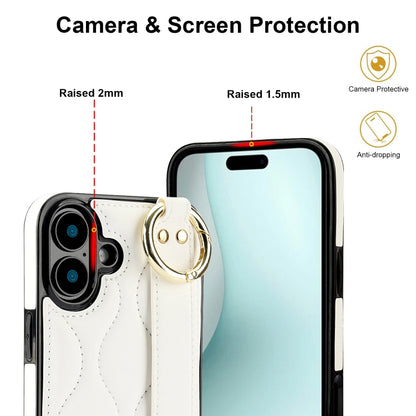 For iPhone 16 Non-slip Full Coverage Ring PU Phone Case with Wristband(White) - iPhone 16 Cases by buy2fix | Online Shopping UK | buy2fix