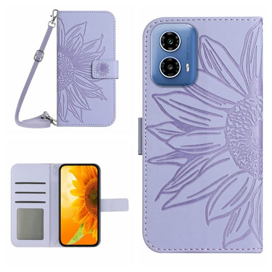 For Motorola Moto G Stylus 5G 2024 HT04 Skin Feel Sun Flower Embossed Flip Leather Phone Case with Lanyard(Dark Purple) - Motorola Cases by buy2fix | Online Shopping UK | buy2fix