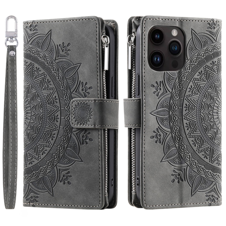 For iPhone 16 Pro Multi-Card Totem Zipper Leather Phone Case(Grey) - iPhone 16 Pro Cases by buy2fix | Online Shopping UK | buy2fix