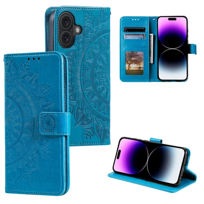 For iPhone 16 Plus Totem Flower Embossed Leather Phone Case(Blue) - iPhone 16 Plus Cases by buy2fix | Online Shopping UK | buy2fix