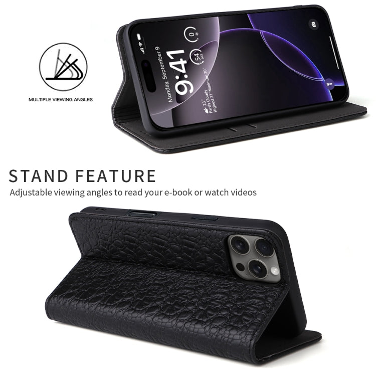 For iPhone 16 Pro Max Fierre Shann Crocodile Texture Magnetic Genuine Leather Phone Case(Black) - iPhone 16 Pro Max Cases by FIERRE SHANN | Online Shopping UK | buy2fix