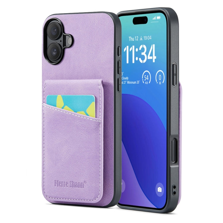 For iPhone 16 Fierre Shann Crazy Horse Card Holder Back Cover PU Phone Case(Purple) - iPhone 16 Cases by FIERRE SHANN | Online Shopping UK | buy2fix