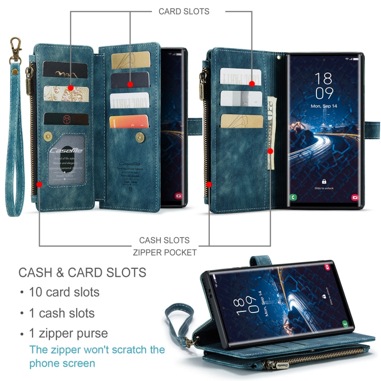 For Samsung Galaxy S24 Ultra 5G CaseMe C30 Card Slots Zipper Wallet Leather Phone Case(Blue) - Galaxy S24 Ultra 5G Cases by CaseMe | Online Shopping UK | buy2fix