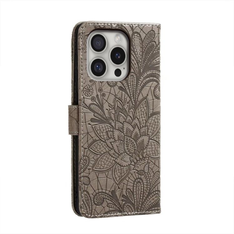 For iPhone 16 Pro Lace Flower Embossing Flip Leather Phone Case(Grey) - iPhone 16 Pro Cases by buy2fix | Online Shopping UK | buy2fix