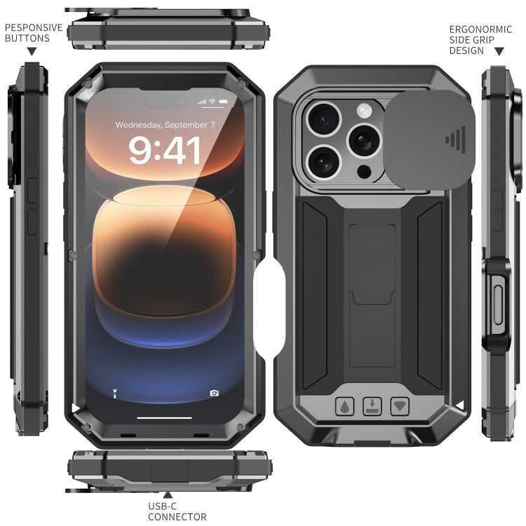 For iPhone 16 Pro R-JUST Sliding Camera IP54 Life Waterproof Holder Phone Case(Black) - iPhone 16 Pro Cases by R-JUST | Online Shopping UK | buy2fix