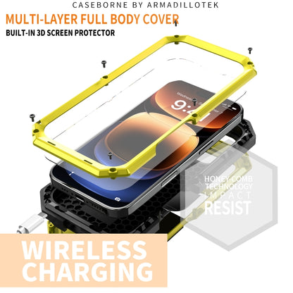 For iPhone 16 Pro Max R-JUST Sliding Camera IP54 Life Waterproof Holder Phone Case(Yellow) - iPhone 16 Pro Max Cases by R-JUST | Online Shopping UK | buy2fix