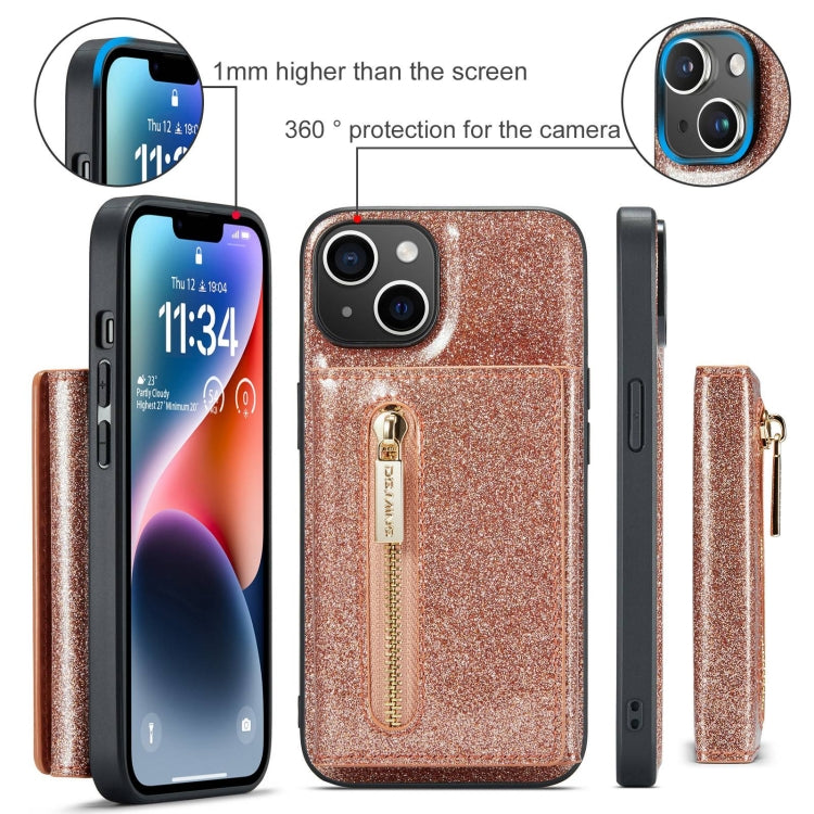 For iPhone 15 DG.MING M3 Series Glitter Powder Card Bag Leather Phone Case(Rose Gold) - iPhone 15 Cases by DG.MING | Online Shopping UK | buy2fix