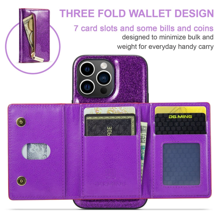 For iPhone 15 Pro DG.MING M3 Series Glitter Powder Card Bag Leather Phone Case(Dark Purple) - iPhone 15 Pro Cases by DG.MING | Online Shopping UK | buy2fix