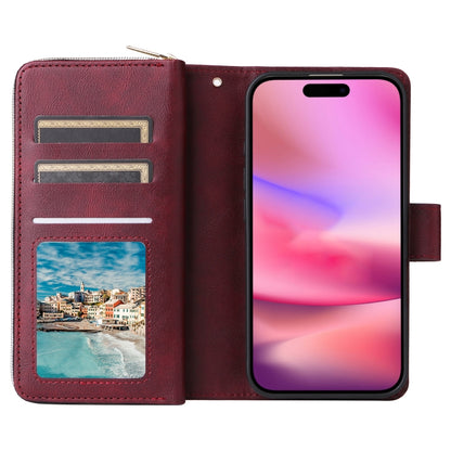 For iPhone 16 9 Card Slots Zipper Wallet Bag Leather Phone Case(Wine Red) - iPhone 16 Cases by buy2fix | Online Shopping UK | buy2fix