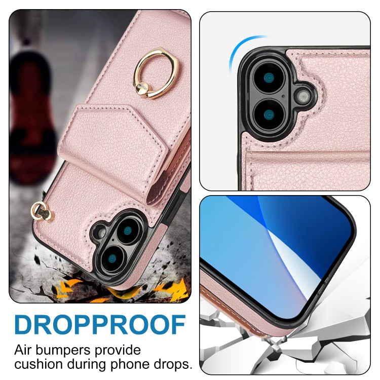 For iPhone 16 Plus Ring Holder RFID Card Slot Phone Case(Rose Gold) - iPhone 16 Plus Cases by buy2fix | Online Shopping UK | buy2fix