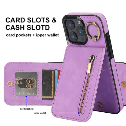 For iPhone 16 Pro Max Retro Ring and Zipper RFID Card Slot Phone Case(Purple) - iPhone 16 Pro Max Cases by buy2fix | Online Shopping UK | buy2fix