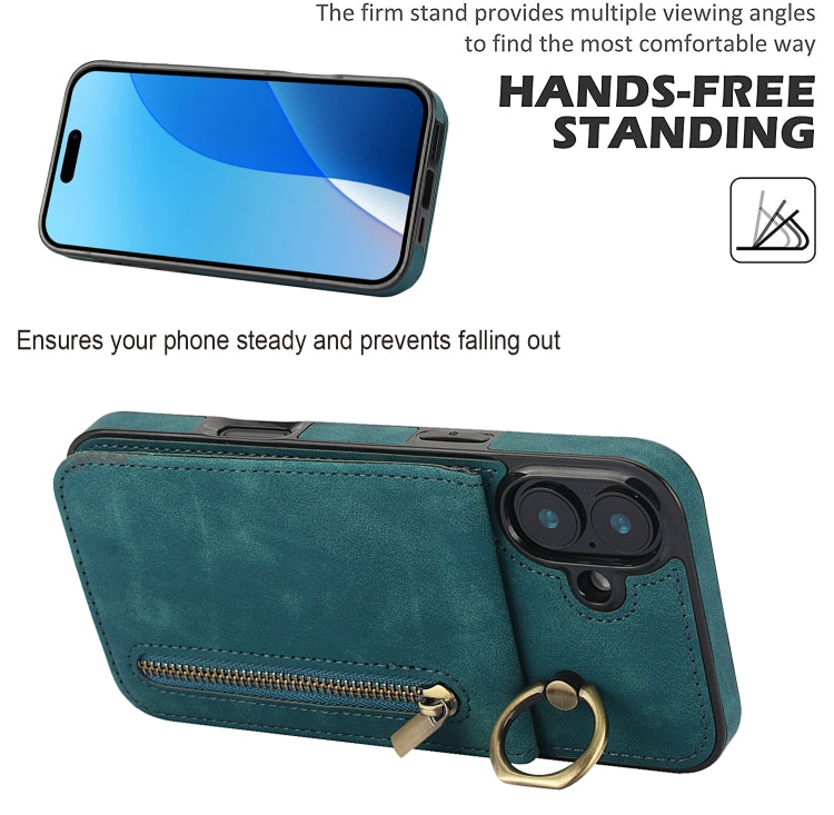 For iPhone 16 Retro Ring and Zipper RFID Card Slot Phone Case(Blue) - iPhone 16 Cases by buy2fix | Online Shopping UK | buy2fix