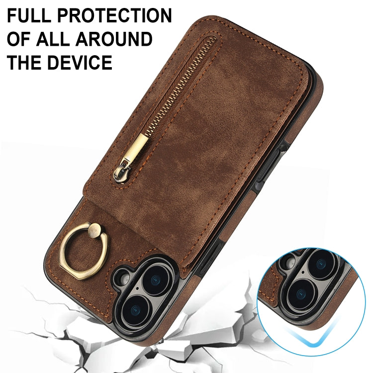 For iPhone 16 Retro Ring and Zipper RFID Card Slot Phone Case(Brown) - iPhone 16 Cases by buy2fix | Online Shopping UK | buy2fix