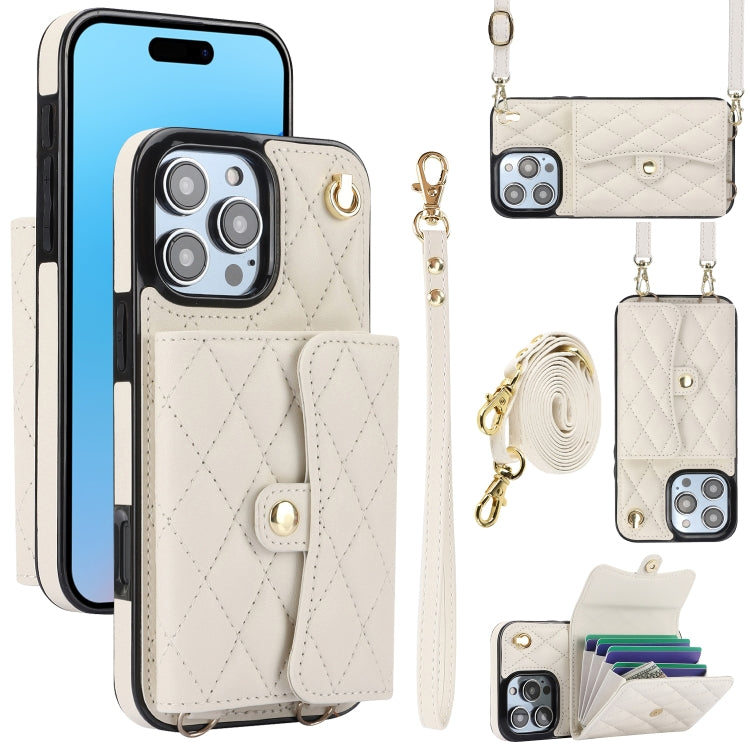 For iPhone 16 Pro Crossbody Rhombic Horizontal Wallet Leather Phone Case(White) - iPhone 16 Pro Cases by buy2fix | Online Shopping UK | buy2fix