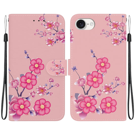 For iPhone 16e Crystal Texture Colored Drawing Leather Phone Case(Cherry Blossoms) - iPhone 16e Cases by buy2fix | Online Shopping UK | buy2fix