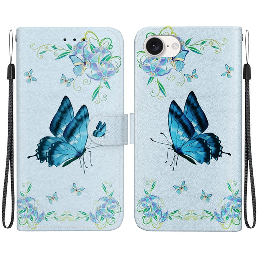 For iPhone 16e Crystal Texture Colored Drawing Leather Phone Case(Blue Pansies) - iPhone 16e Cases by buy2fix | Online Shopping UK | buy2fix