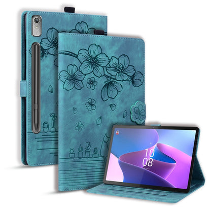 For Lenovo Tab P12 12.7 Cartoon Sakura Cat Embossed Leather Tablet Case(Green) - Lenovo by buy2fix | Online Shopping UK | buy2fix