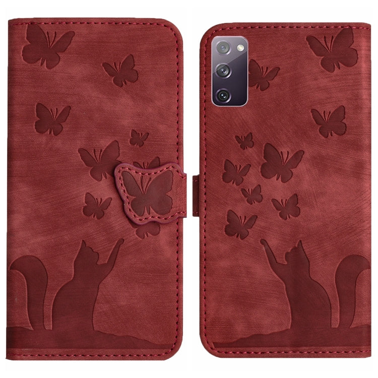 For Samsung Galaxy S20 FE Butterfly Cat Embossing Flip Leather Phone Case(Red) - Galaxy S20 FE Cases by buy2fix | Online Shopping UK | buy2fix