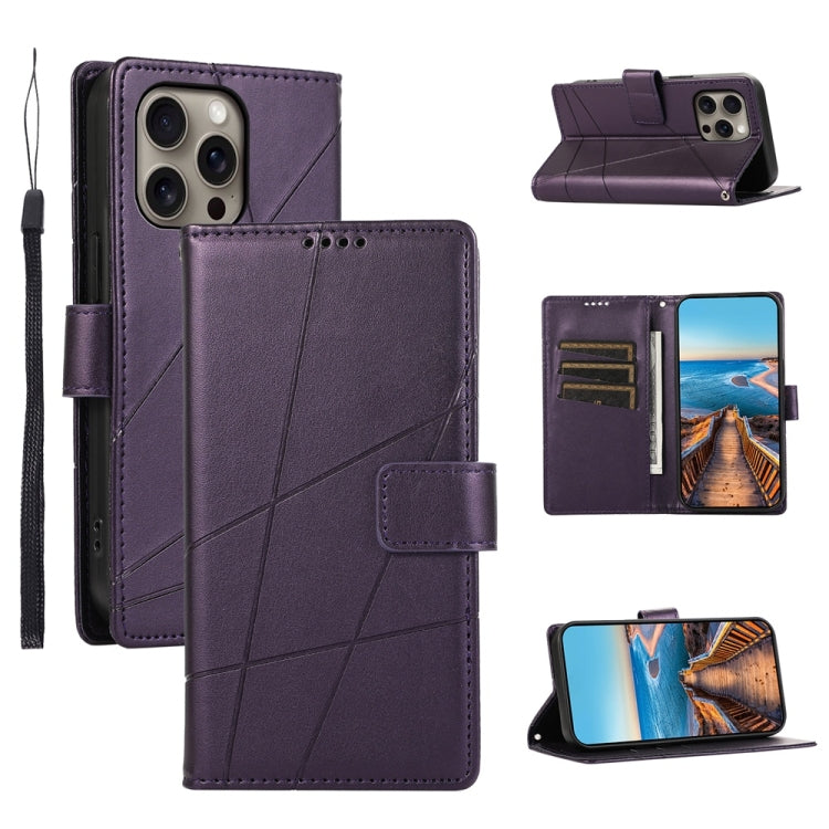 For iPhone 16 Pro Max PU Genuine Leather Texture Embossed Line Phone Case(Purple) - iPhone 16 Pro Max Cases by buy2fix | Online Shopping UK | buy2fix