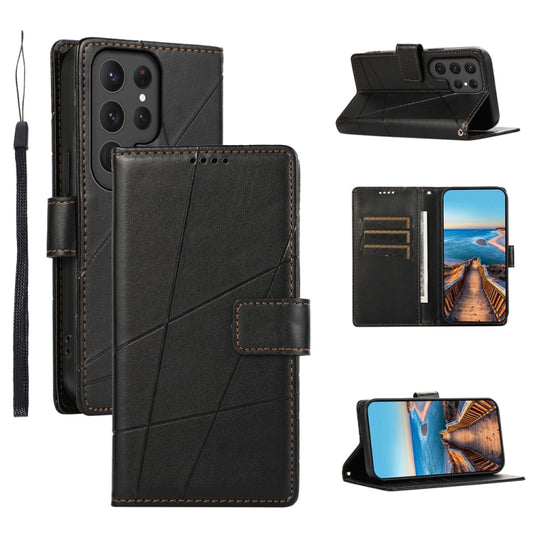 For Samsung Galaxy S24 Ultra 5G PU Genuine Leather Texture Embossed Line Phone Case(Black) - Galaxy S24 Ultra 5G Cases by buy2fix | Online Shopping UK | buy2fix