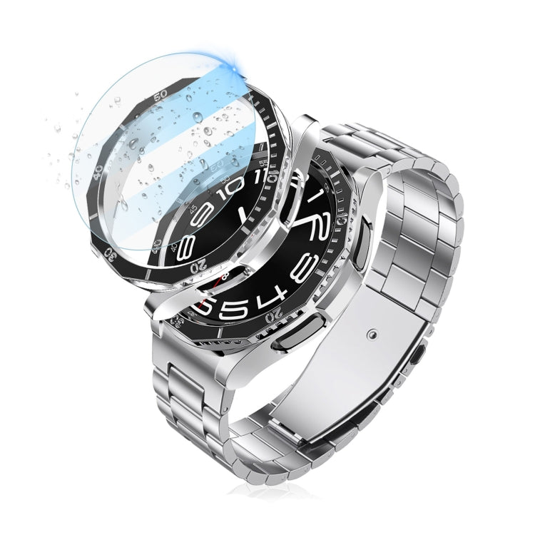 For Samsung Galaxy Watch6 Classic 43mm R950 Electroplate PC Case + Tempered Film + Watch Bezel Ring Set(Blue+Rose Gold) - Watch Cases by buy2fix | Online Shopping UK | buy2fix