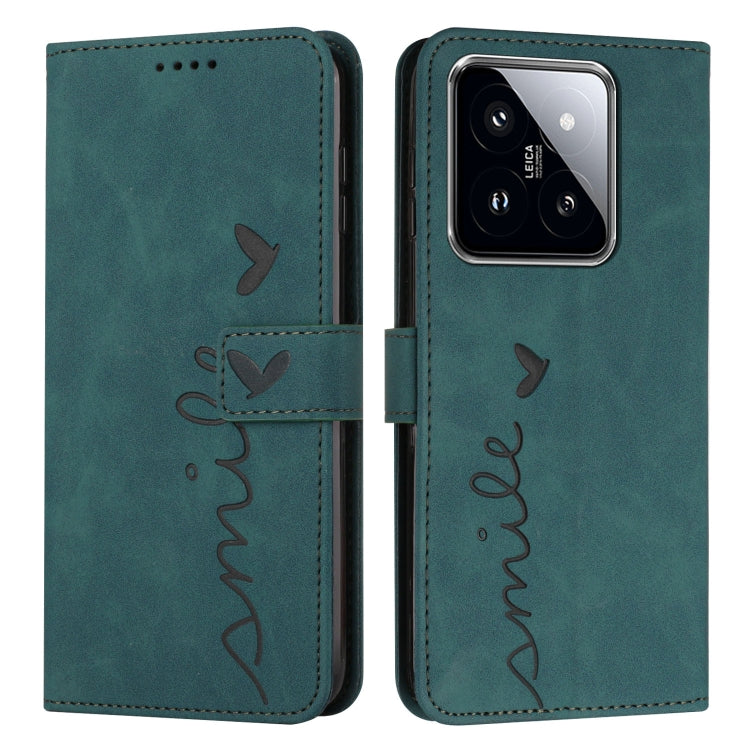 For Xiaomi 14 Pro Skin Feel Heart Embossed Leather Phone Case with Long Lanyard(Green) - 14 Pro Cases by buy2fix | Online Shopping UK | buy2fix