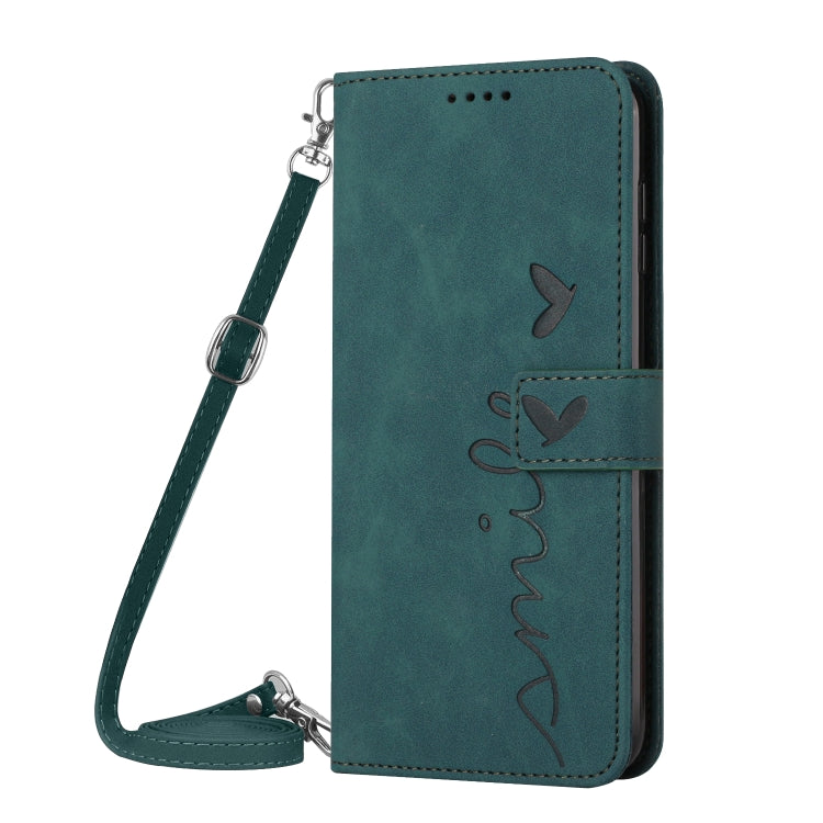 For Xiaomi 14 Pro Skin Feel Heart Embossed Leather Phone Case with Long Lanyard(Green) - 14 Pro Cases by buy2fix | Online Shopping UK | buy2fix