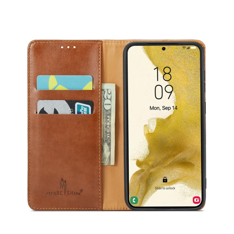 For Samsung Galaxy S24+ 5G Fierre Shann PU Genuine Leather Texture Phone Case(Brown) - Galaxy S24+ 5G Cases by FIERRE SHANN | Online Shopping UK | buy2fix