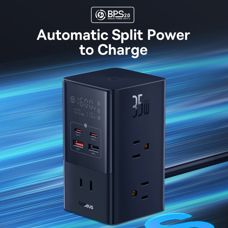 Baseus PowerCombo Tower Power Strip 6xAC+2xType-C+2xUSB 35W with 1.5 Power Cord, US Plug(Black) - Multifunction Charger by Baseus | Online Shopping UK | buy2fix