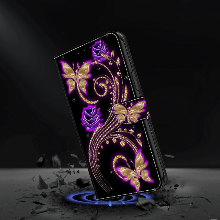 For Honor Magic6 Lite Crystal 3D Shockproof Protective Leather Phone Case(Purple Flower Butterfly) - Honor Cases by buy2fix | Online Shopping UK | buy2fix