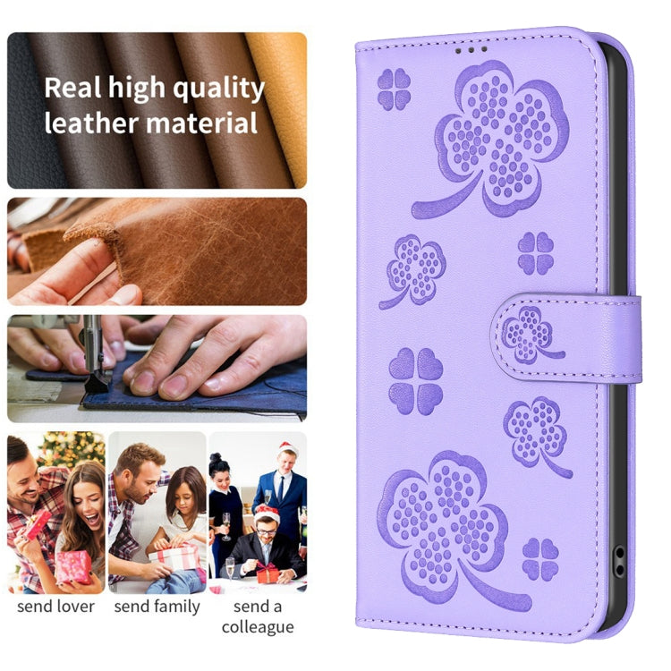 For iPhone 16 Plus Four-leaf Embossed Leather Phone Case(Purple) - iPhone 16 Plus Cases by buy2fix | Online Shopping UK | buy2fix