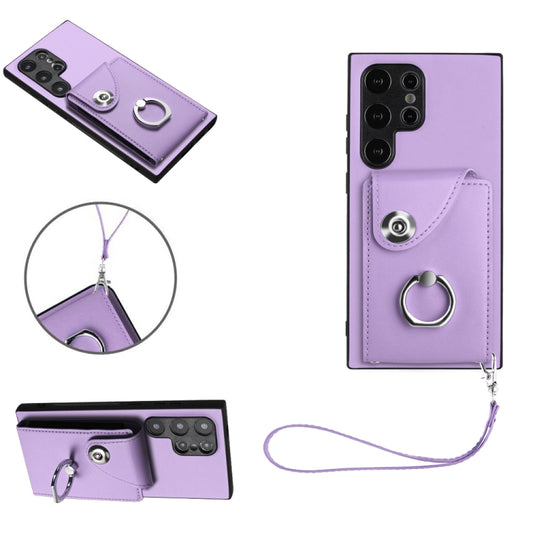 For Samsung Galaxy S24 Ultra 5G Organ Card Bag Ring Holder PU Phone Case with Lanyard(Purple) - Galaxy S24 Ultra 5G Cases by buy2fix | Online Shopping UK | buy2fix