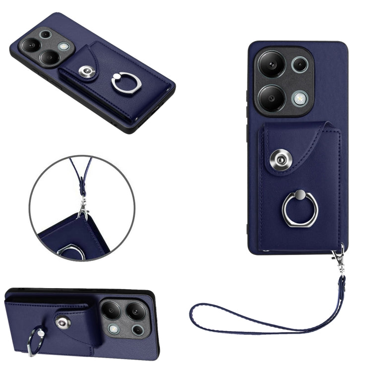 For Xiaomi Redmi Note 13 Pro 4G Global Organ Card Bag Ring Holder PU Phone Case with Lanyard(Blue) - Note 13 Pro Cases by buy2fix | Online Shopping UK | buy2fix